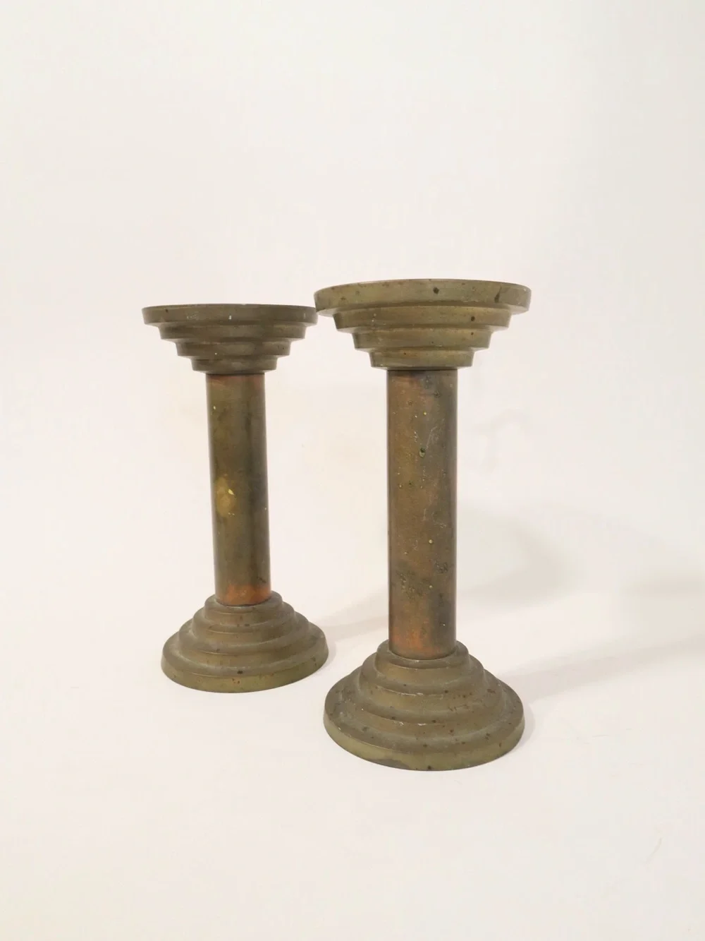 Vintage Heavy Solid Brass Column Candle Holders by TAG classic stepped design